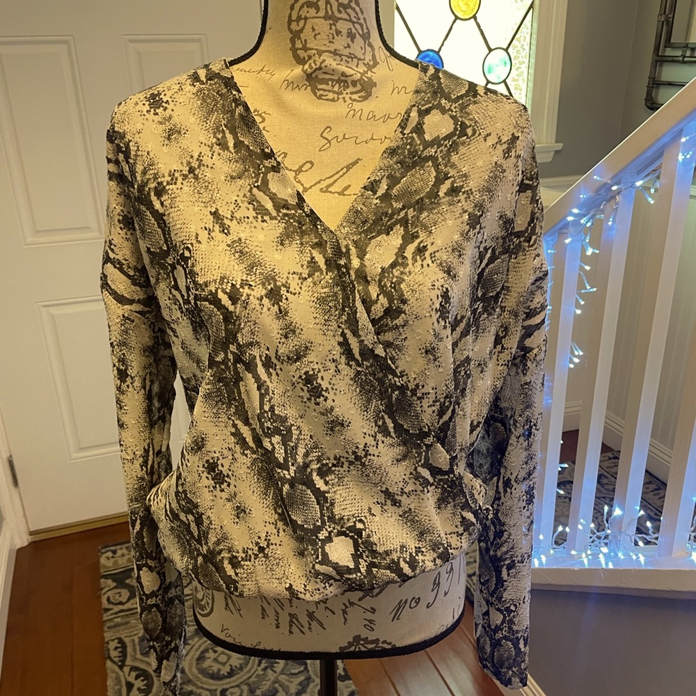 Snake print surplice bubble-hem top NWT